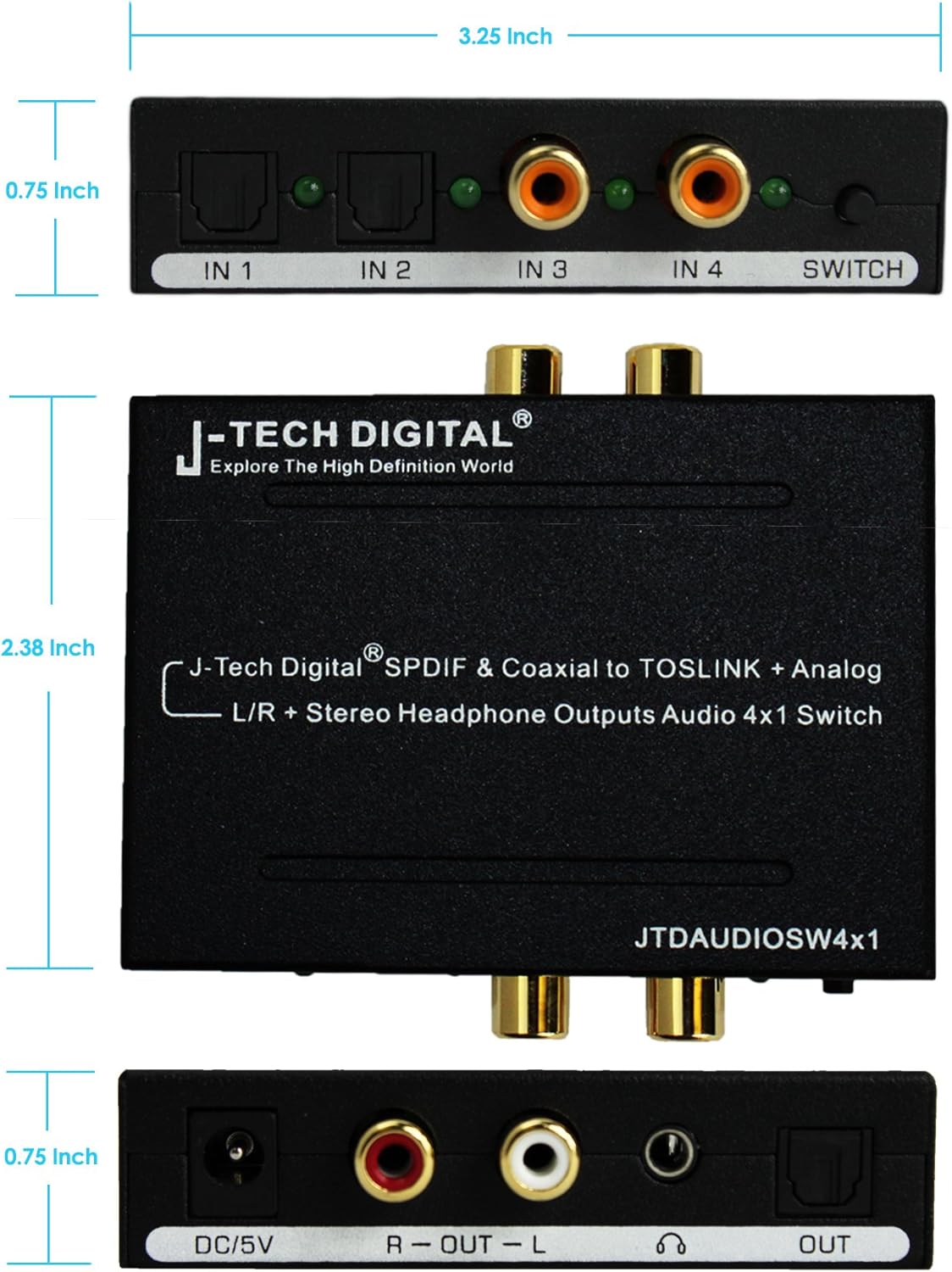 J-Tech Digital Optical SPDIF/Coaxial Digital to RCA L/R Analog Audio Converter 4x3 Switch with 3.5mm Jack Support Headphone/Speaker Outputs (JTDAUDIOSW4x1)