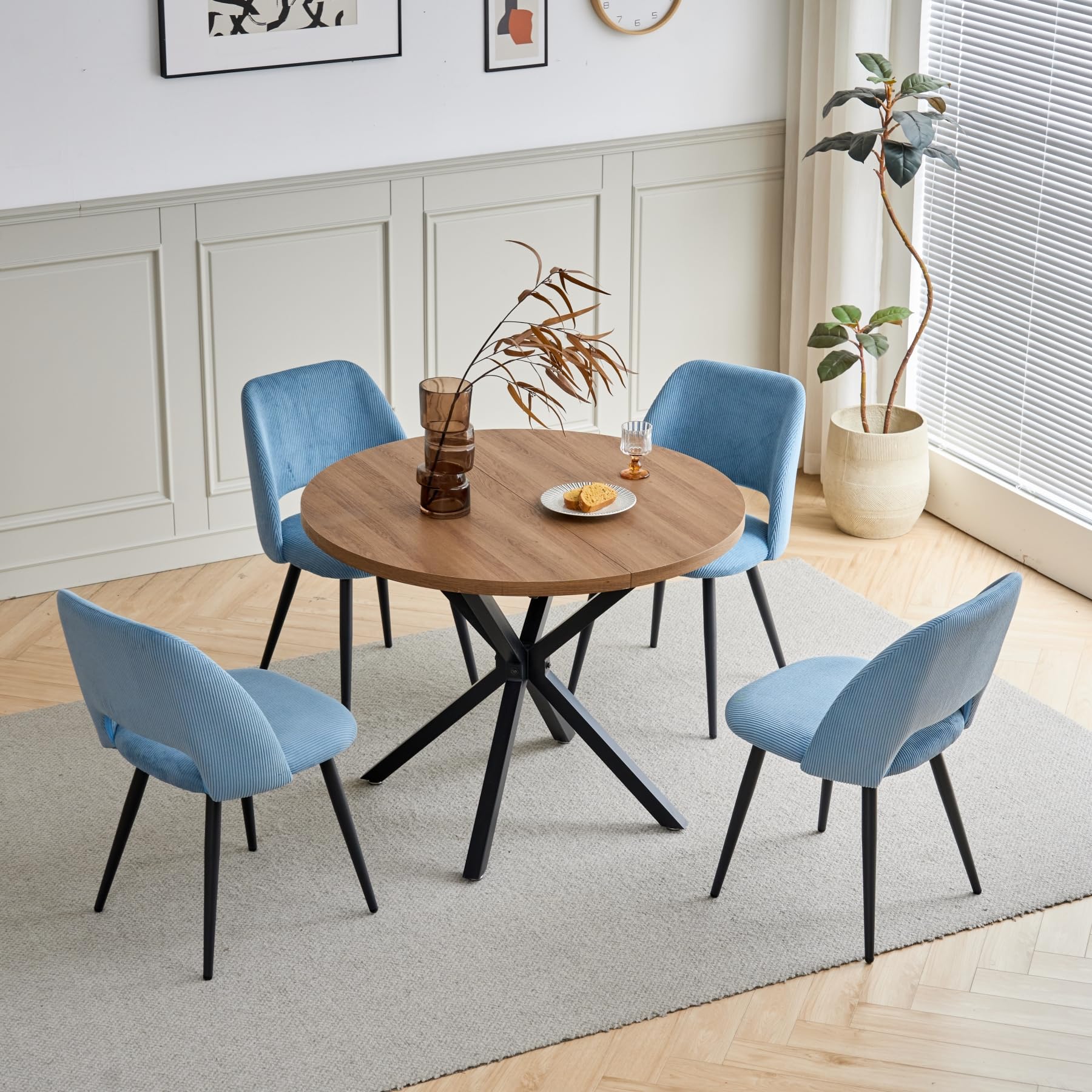 Juego de comedor redondo azul oscuro de 100 cm y sillas tapizadas de cordón