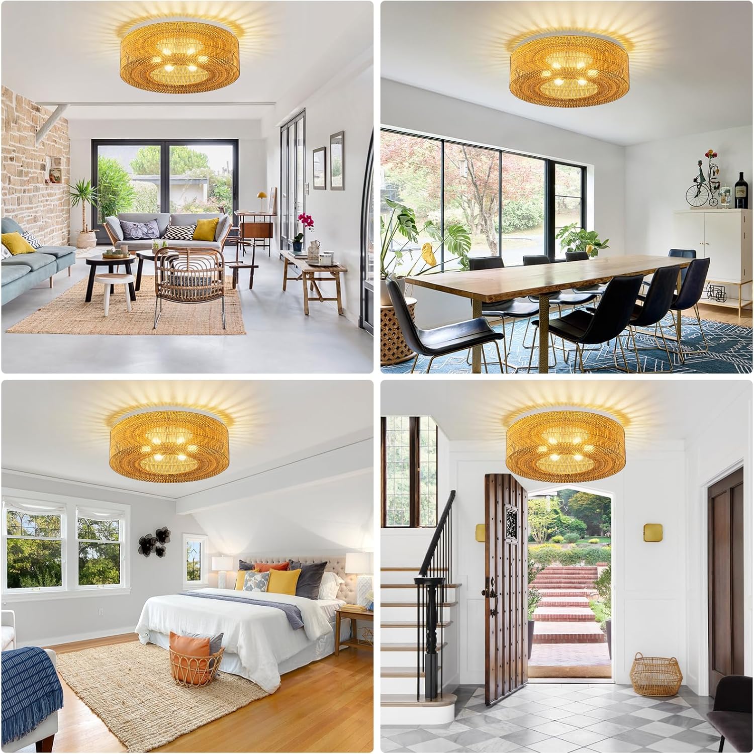 ROOMTEC 30" Boho Rattan Ceiling Light,6-Light Modern Farmhouse Rattan Light Fixture with Dimmable E26 LED Bulb Gold Handmade Ceiling Lamp for Dining Room,Hallway,Bedroom,Foyer and Kitchen