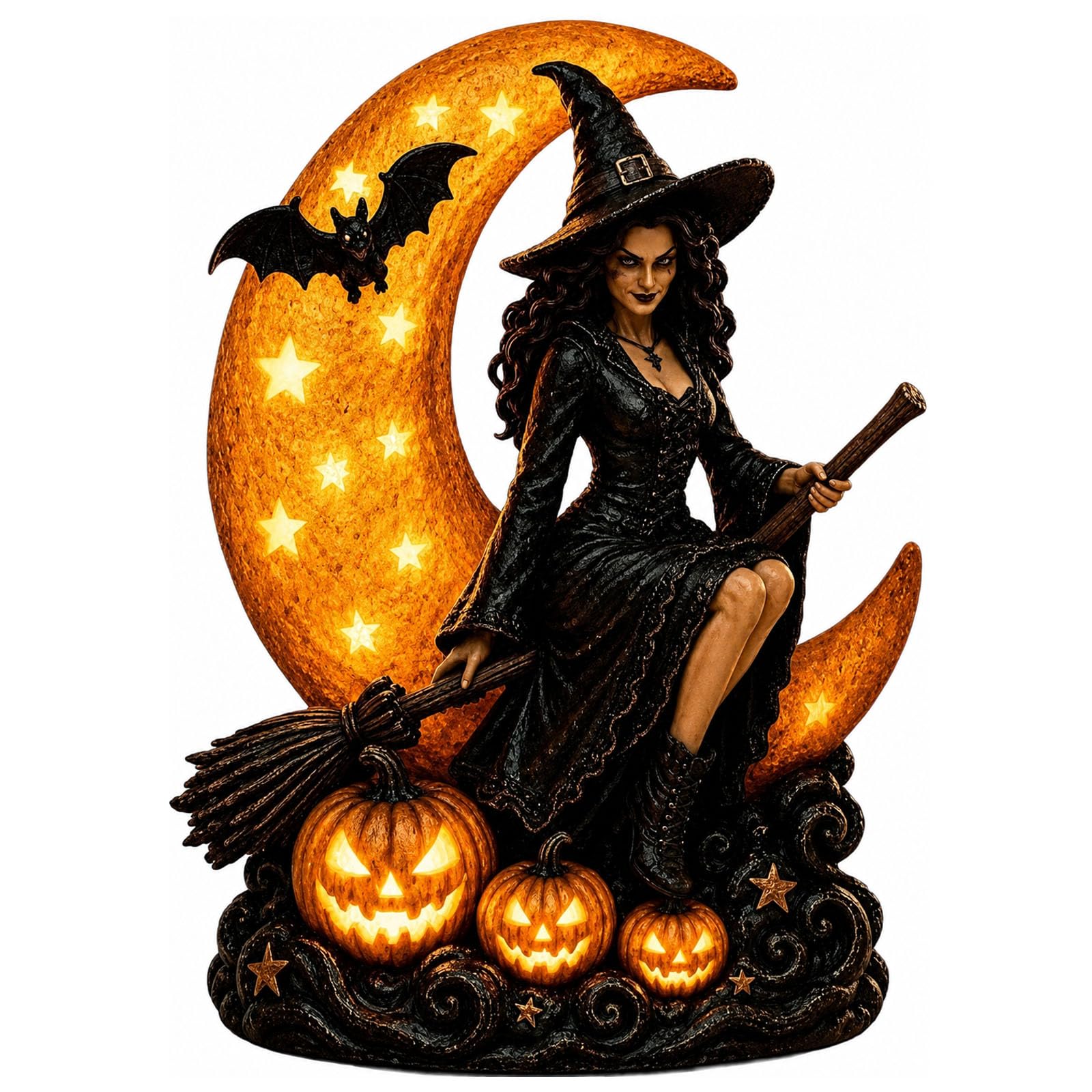 Lighted Witch on Crescent Moon with Pumpkins LED Halloween Tabletop Lamp