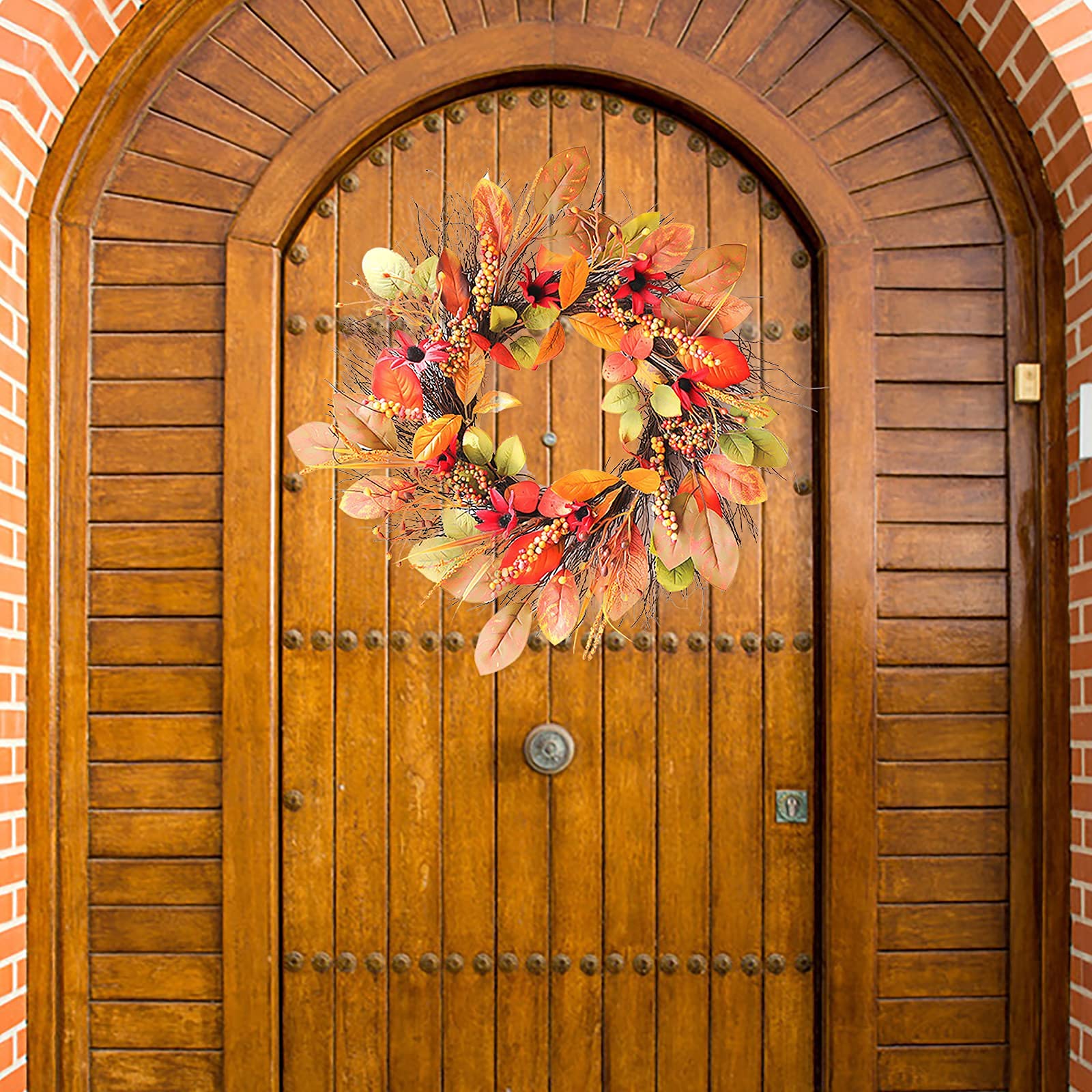 Couronne D'automne Artificielle 45cm - Décoration Porte, Mur, Table - Fausses Fleurs, Baies Et Feuilles D'érable