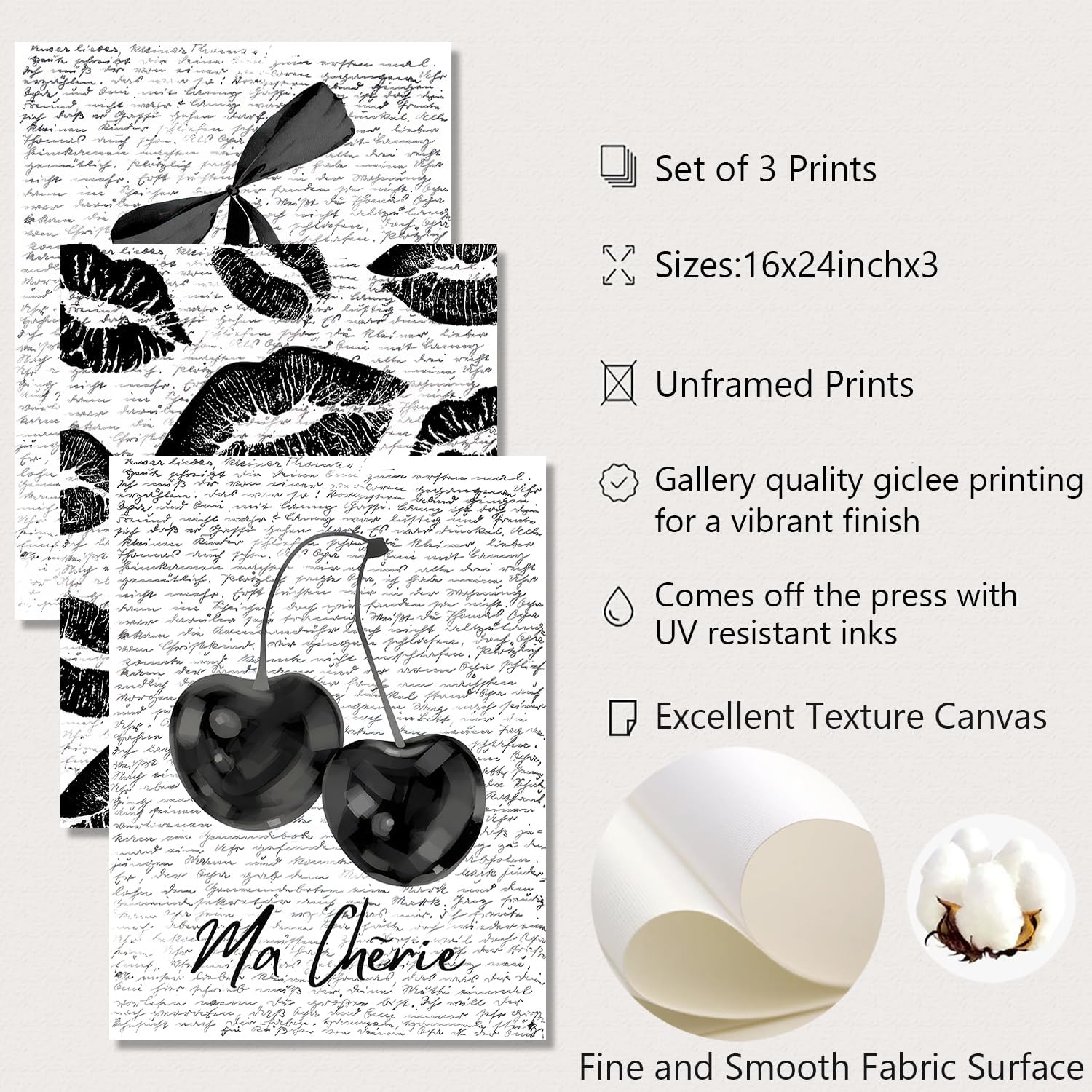 QBZWART Aesthetic Bow Fashion Canvas Prints,Black and White Aesthetic Wall Art Set,Bow Pictures and Trendy Lips Kiss Prints Room Decor for Girly Bedroom 16x24Inch,3 Pieces,Unframed image 2
