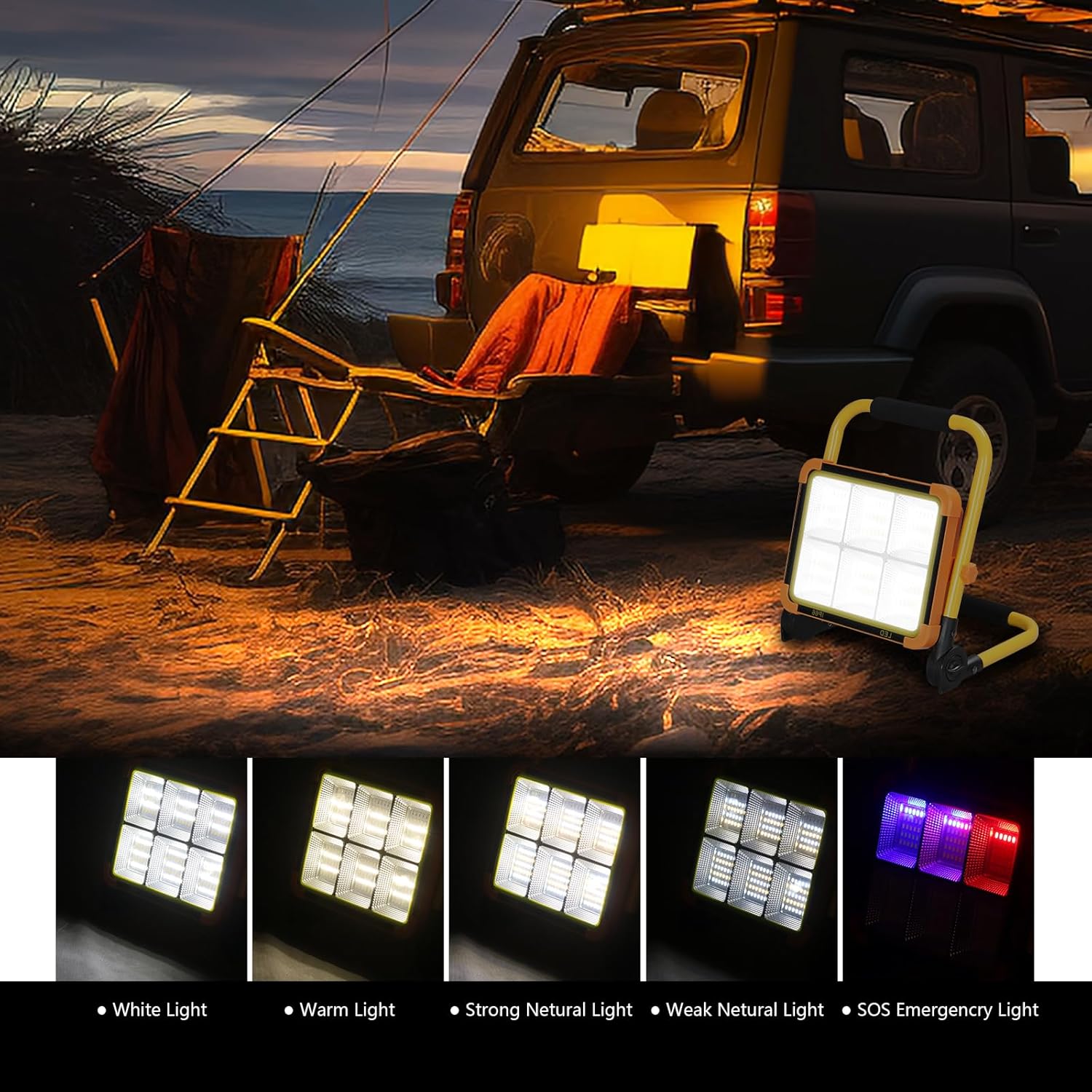 Solar Led Work Light Rechargeable with Stand, Type C and Solar Charging, Porable Flood Light IP66 Weatherproof with Li Battery, 4 Lighting Modes Camping Shop Light