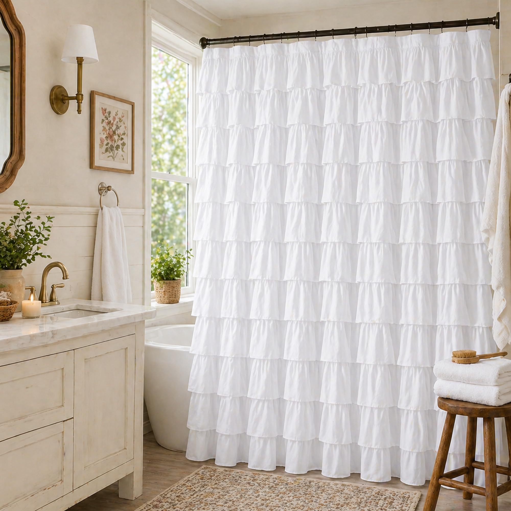 Rideau de douche ferme rustique blanc pour une salle de bain cocooning
