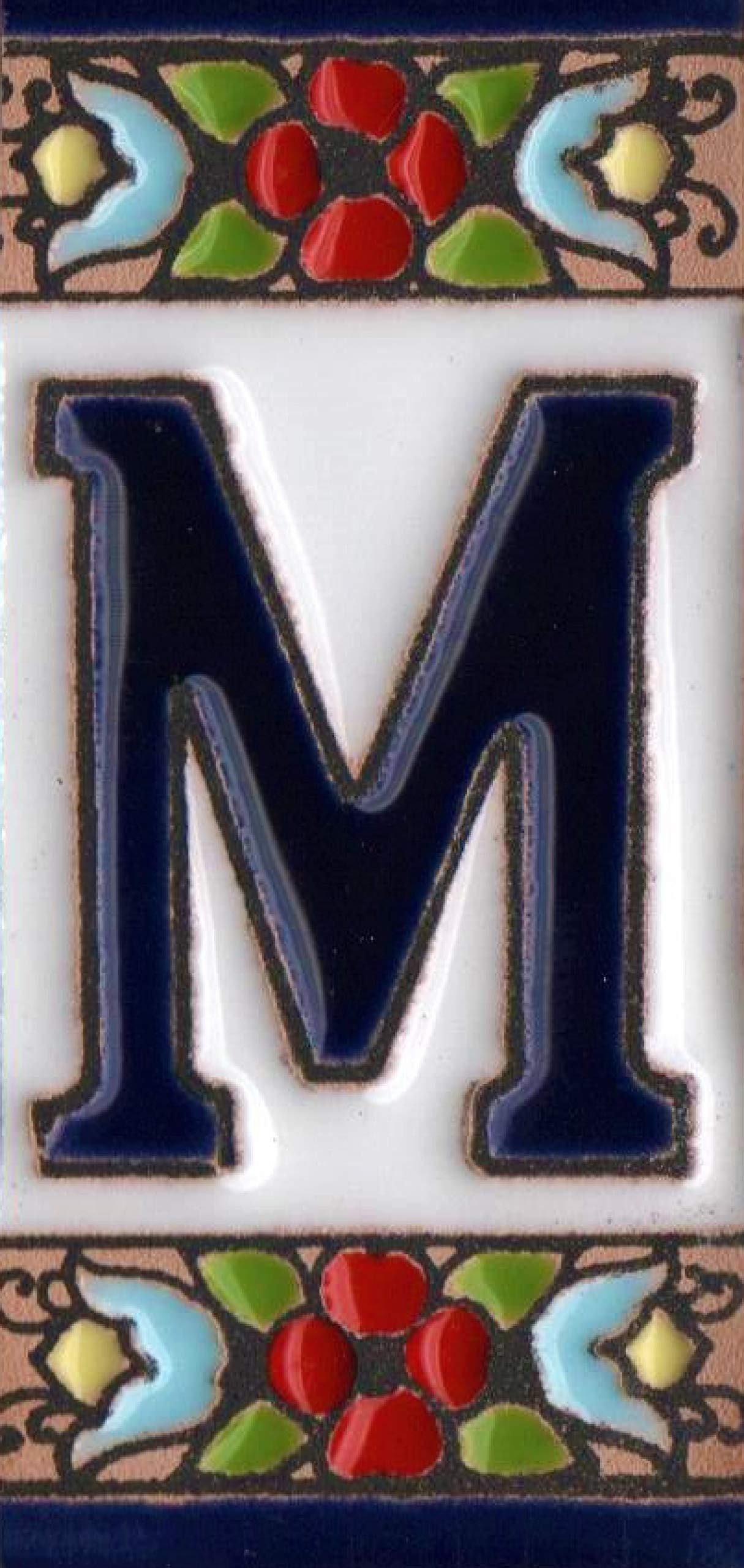 Spanish 7.5cm x 3.5cm Floral Cherry flower hand-painted Ceramic Numbers, Letters, Tiles & Filigree Metal Frames (M)