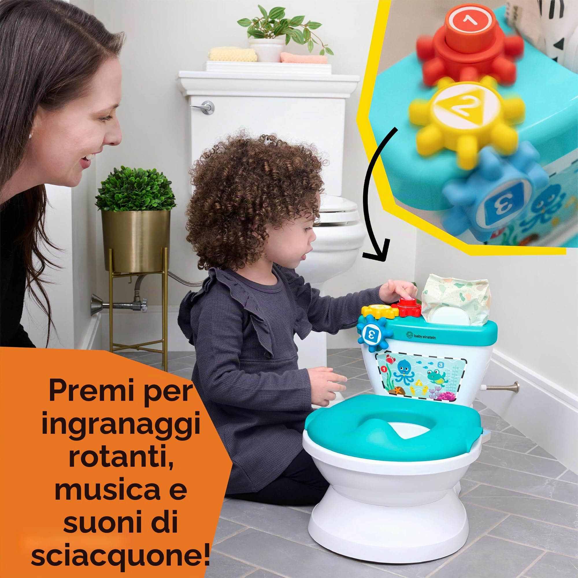 Baby Einstein, Sistema di preparazione al vasino 2 in 1, 18+ mesi, con musica e ingranaggi rotanti