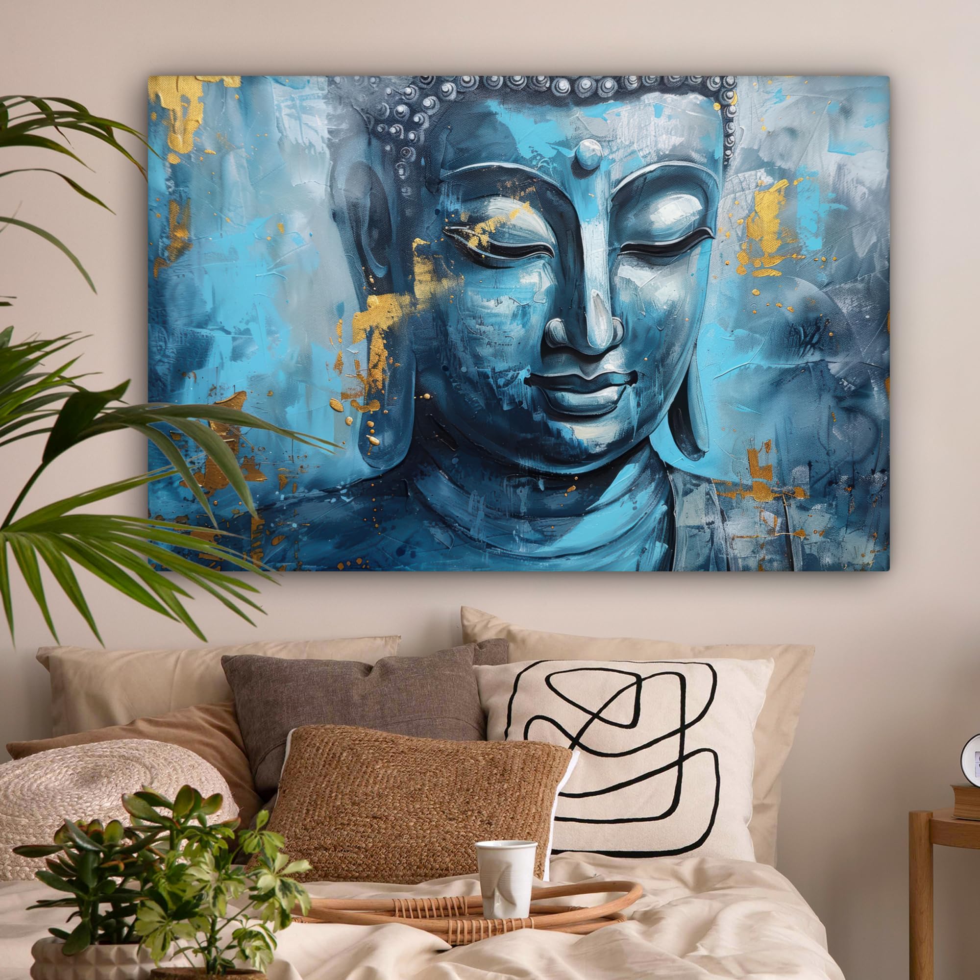 MuchoWow© Leinwand Bilder Groß 120x80 cm XXL Wanddeko Wohnzimmer Aesthetic Room Decor Deko Zimmer Wandbilder Modern Bild auf Leinwand Buddha - Zen - Blau - Gold - Luxus - Kunst