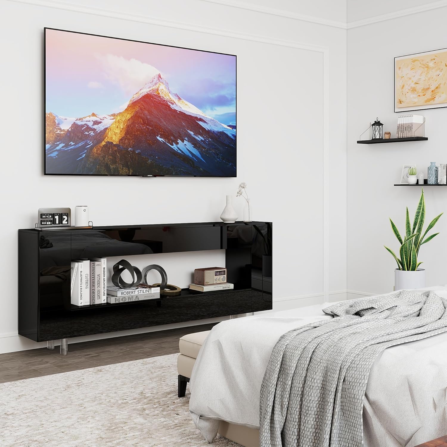 High Gloss TV Stand with 2 Large Drawers & Push-Open Doors - High Gloss Modern TV Console Storage Cabinet for Living Room, Bedroom, Office