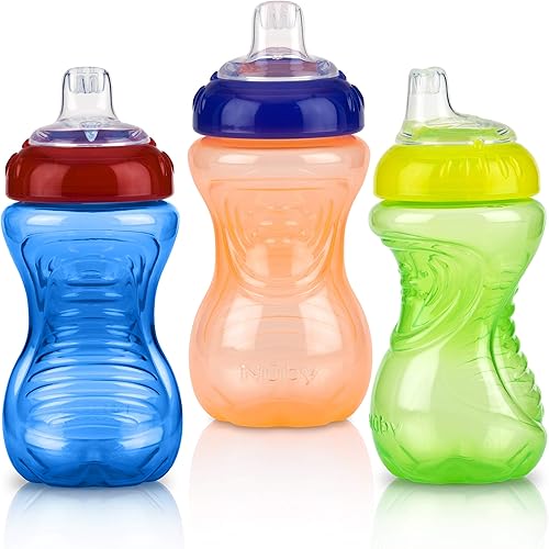 Nuby - Taza de fácil agarre sin derrames, 10 onzas, AzulAnaranjadoVerde