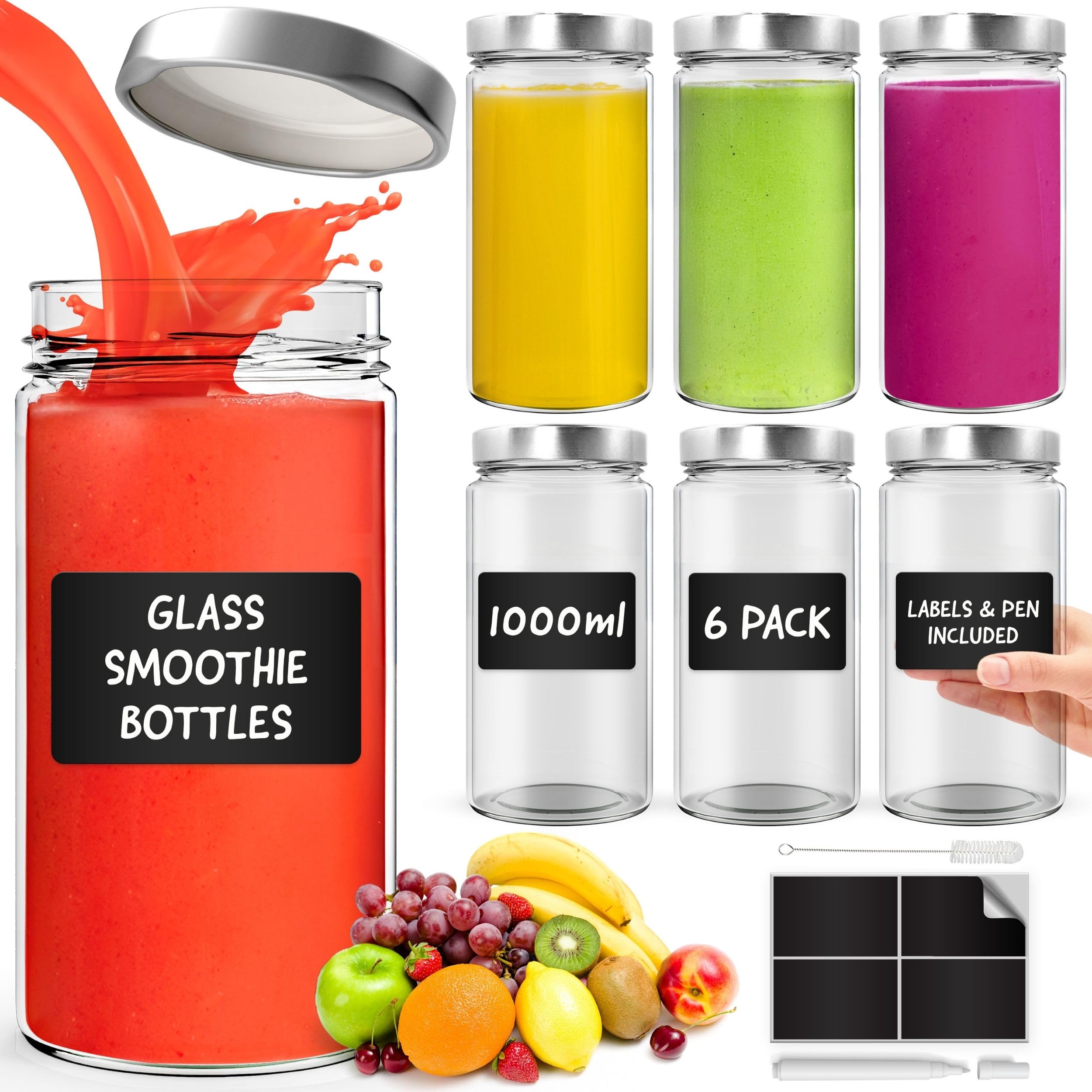Glass Mason Jars with Lids 1000ml - 6 Pack, Leakproof Glass Bottles with Lids for Airtight Seal, Drinking Bottle Ideal for Smoothies, Milkshakes, Sauces, Food Storage, Juices, Beverages, Infused Water