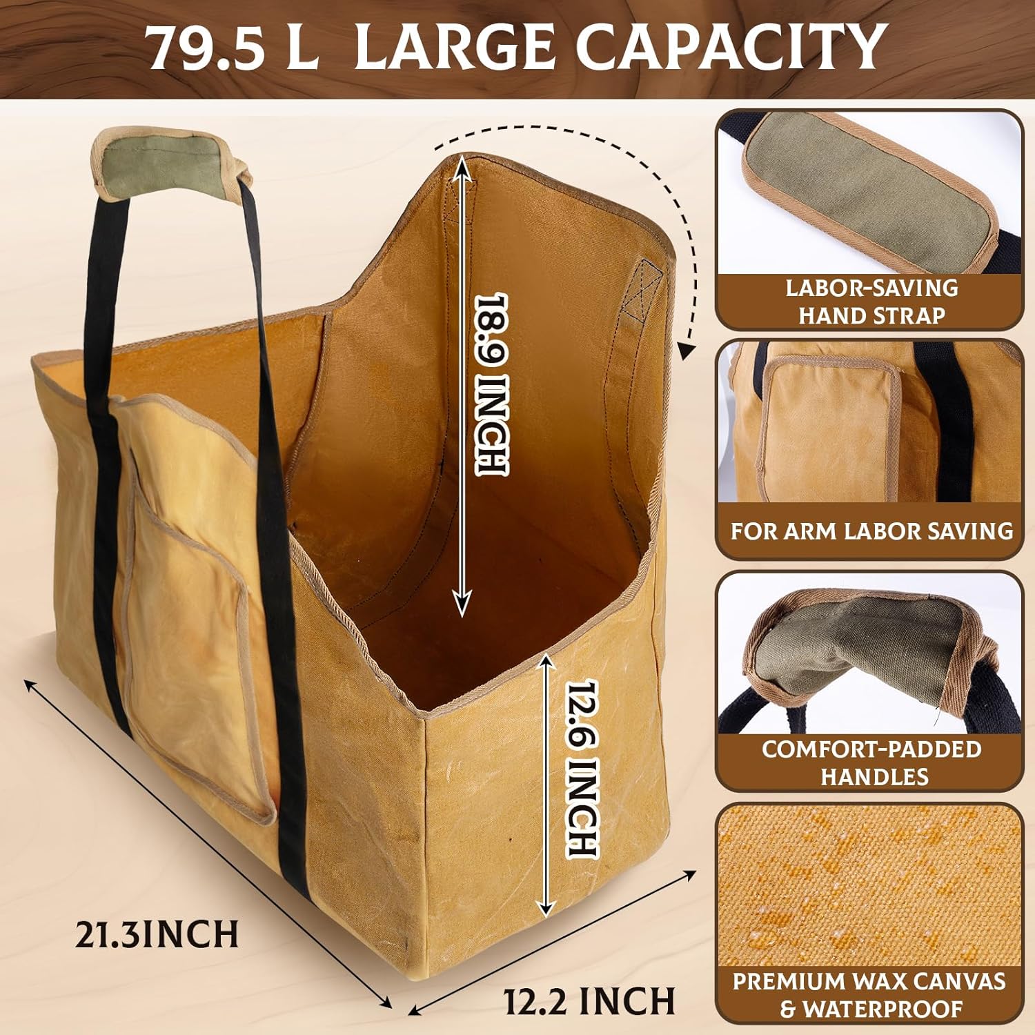 Extra Large Firewood Carrier Ergonomic Wood Carrier for Firewood Heavy Duty Wax Canvas Firewood Bag,Firewood Carriers with Handles for Wood Stove Accessories Outdoor Camping - Image 4