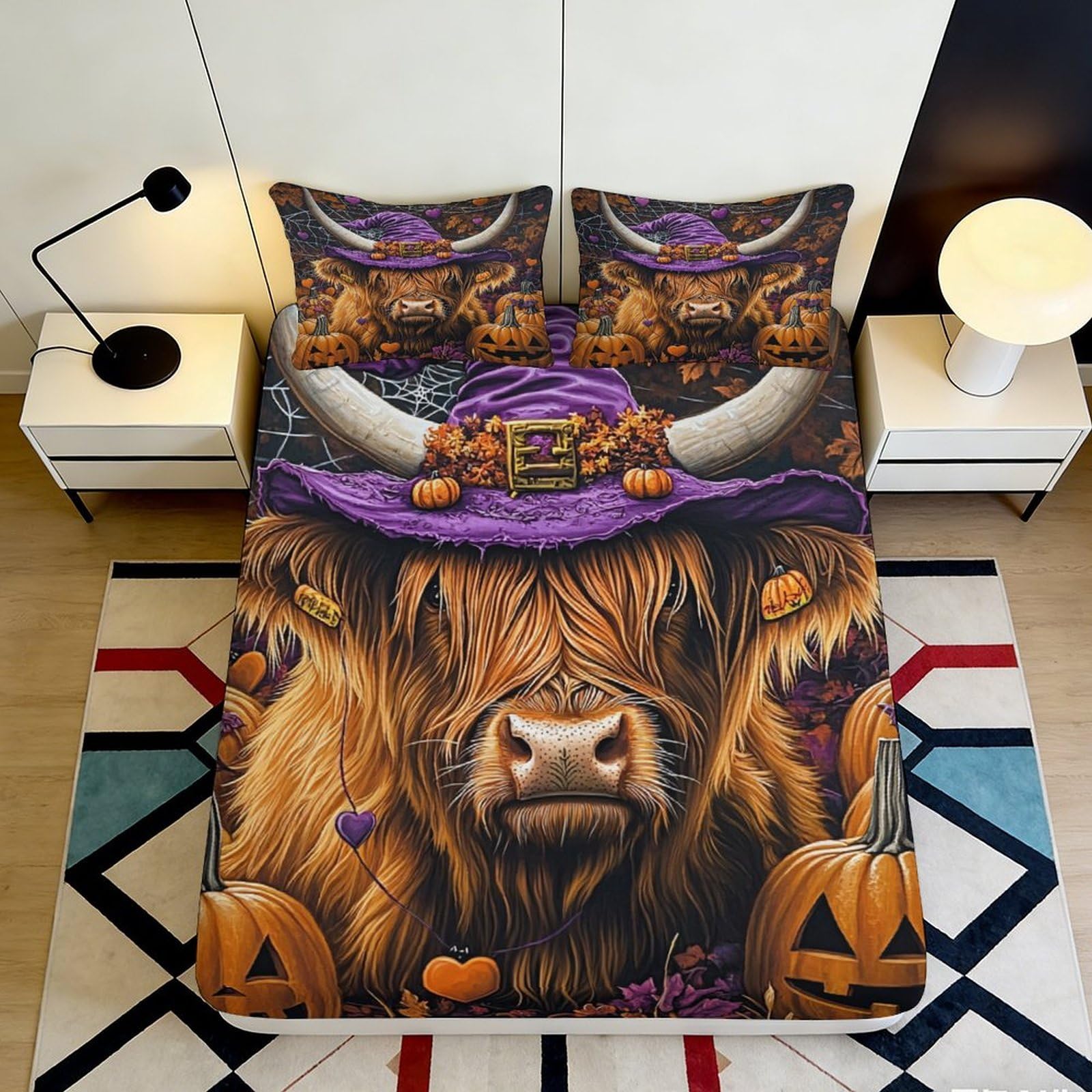 3D Printed Halloween Highland Cow Fitted Sheet Microfiber Soft Durable Autumn Pumpkin Bed Cover for Bedroom Dormitory Guest Room Mattress Protection 140x200x25cm