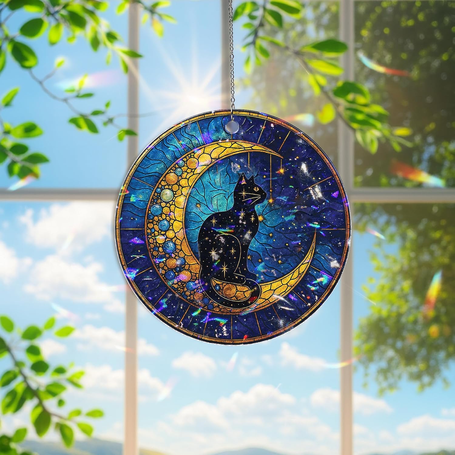 Black Cat Ornament Stained Glass with Santa Hat Christmas Window Hanging Decoration Feline Art Unique Idea| Gift for Pet Lovers (Black Cat Moon) - Image 7