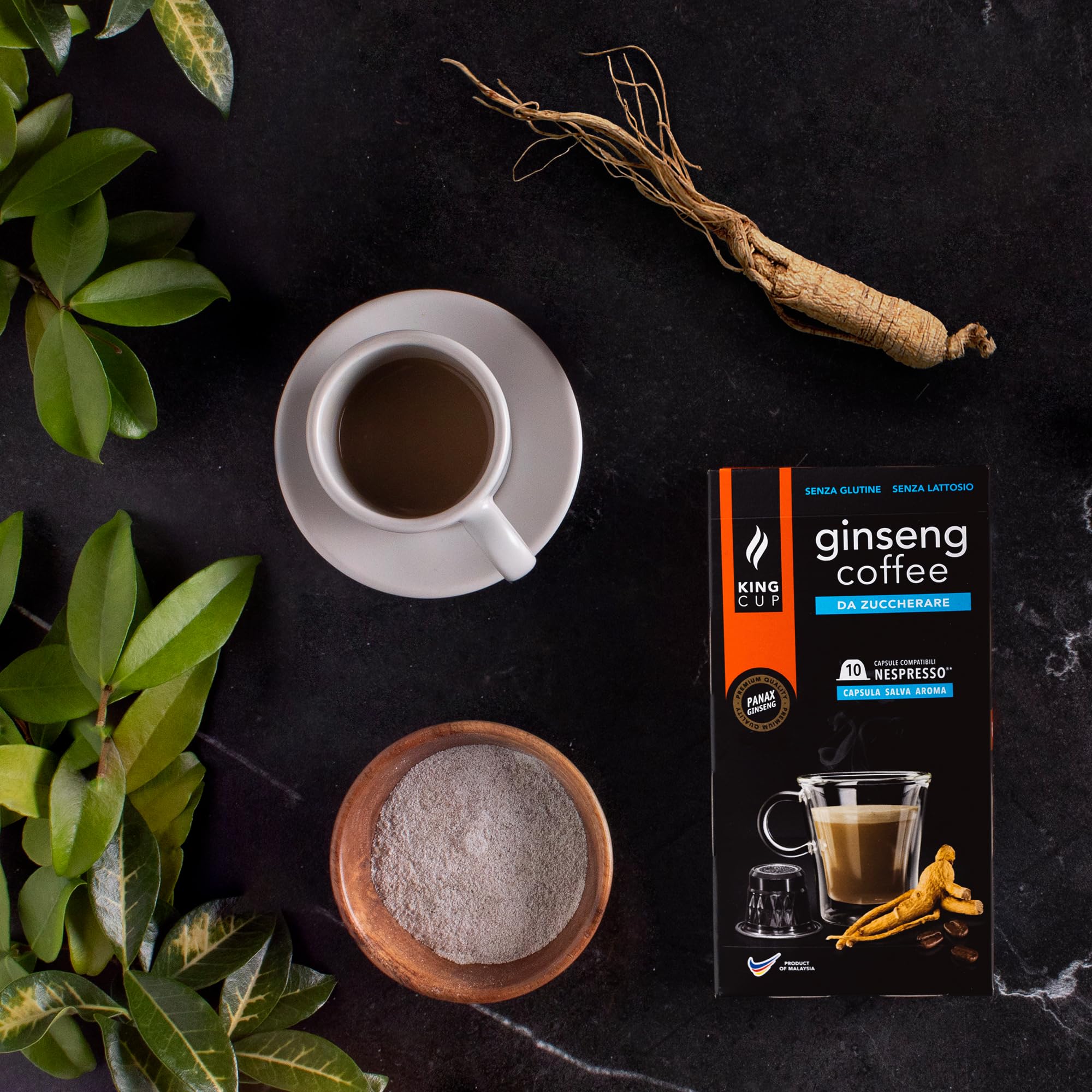 King Cup - 10 Confezioni da 10 Capsule di Ginseng da Zuccherare, 100 Capsule 100% Compatibili con Sistema Nespresso di Bevanda al Gusto di Ginseng, Senza Glutine e Senza Lattosio