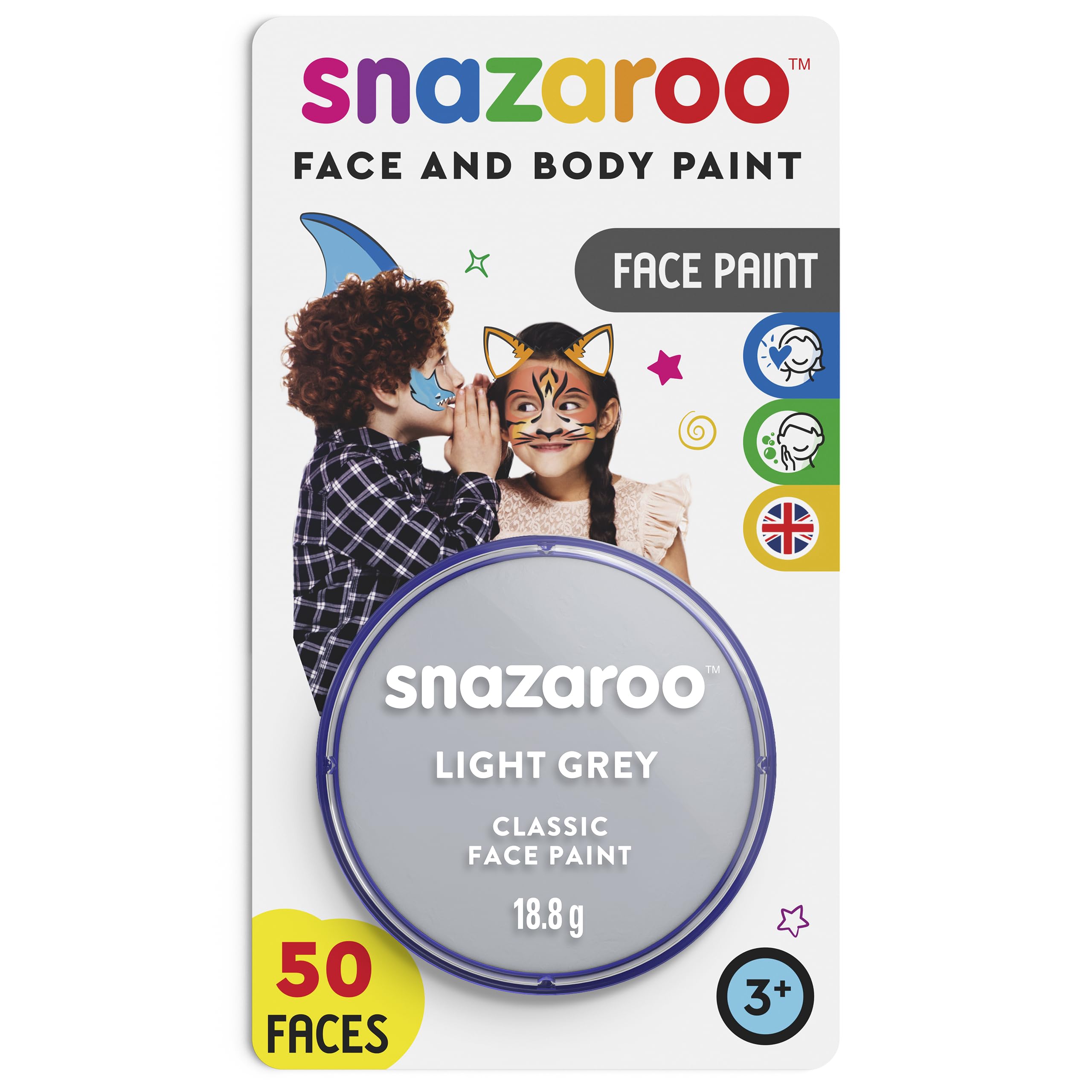 Snazaroo Classic Face and Body Paint, Blister Light Grey Colour, Water Based, Easily Washable, SFX Makeup