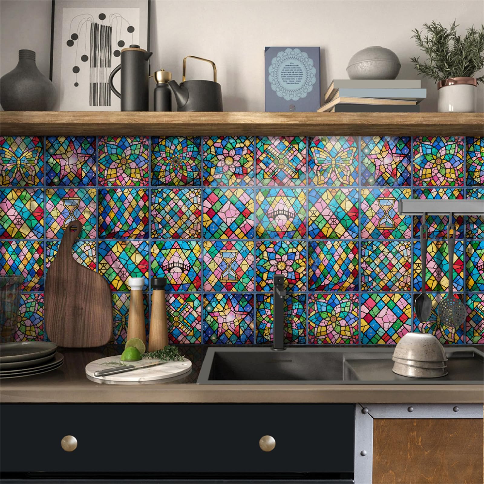 LMYSXAOZ Stick on Tiles 10X10CM Colorful Butterflies Peel and Wall Stickers Waterproof Oil Proof PVC Decorative for Kitchen Washroom Bedroom,Floor