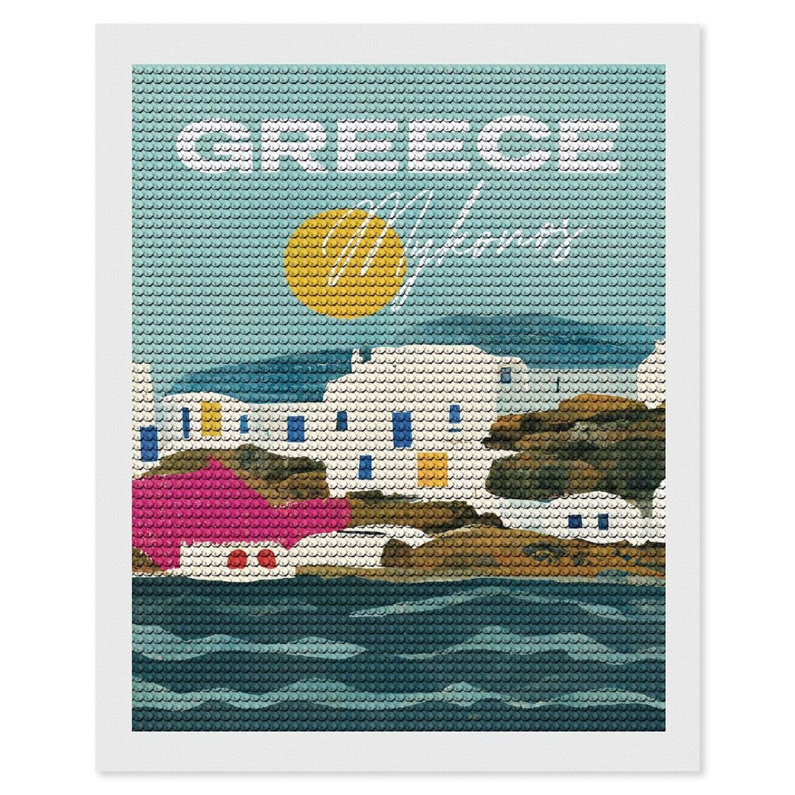 Junmoney Sun Over Mykonos Greece Diamond Art Kit 16"x20", Vintage Style Decor, Stress Relief Craft, Decor Project, Relaxing DIY, Creative Hobby
