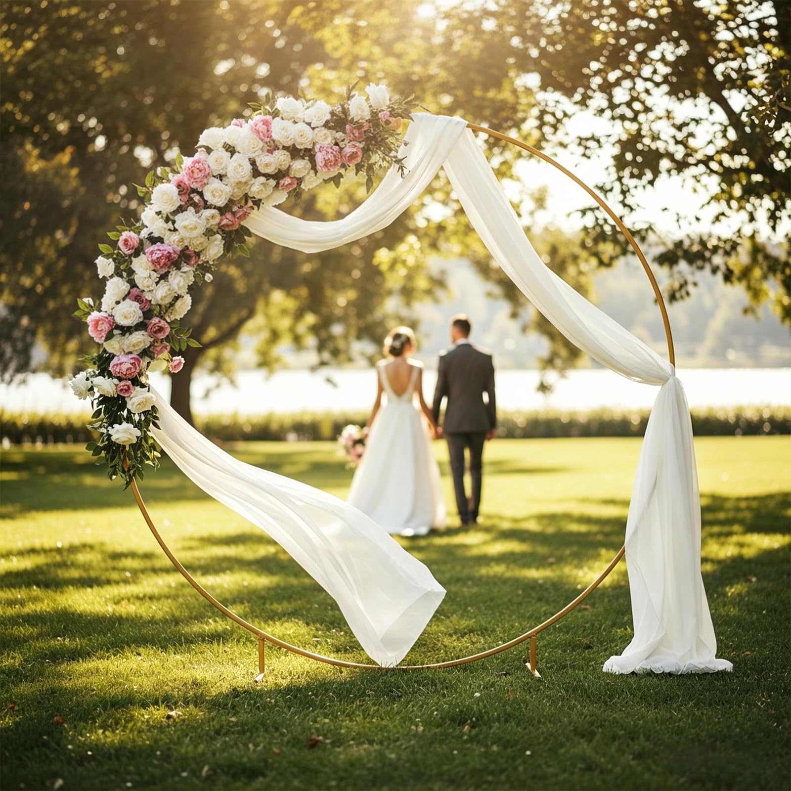 Kit d'arche de ballons ronde en métal doré de 2,2 m - Solide - Réutilisable - Avec sac à eau et accessoires - Pour mariage, anniversaire, fête