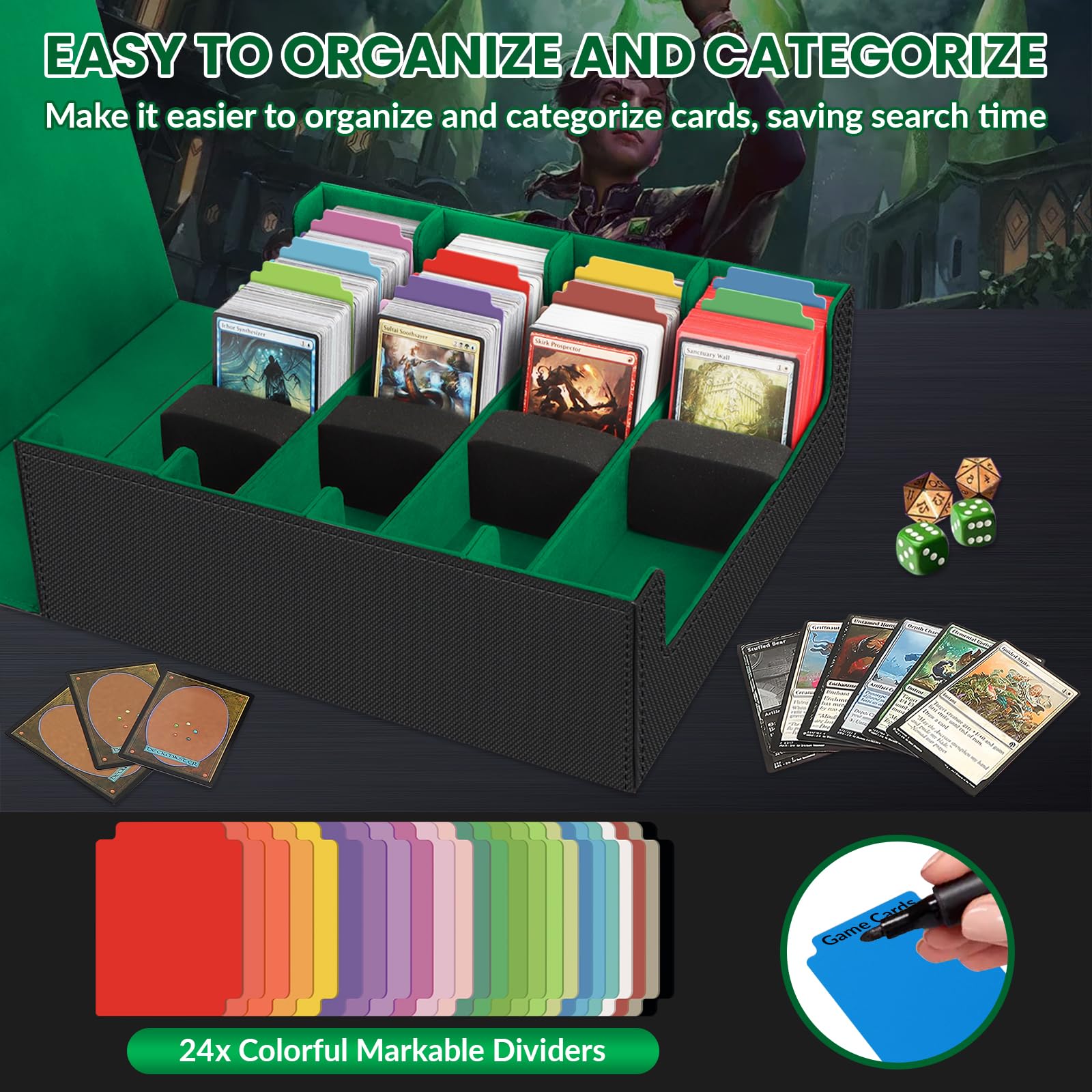 Scatola per Carte per Oltre 3200 Carte, Scatole per Carte Collezionabili con 24 Divisori Colorati e 4 Schiuma, Scatole per Mazzi Magnetici Premium, Custodia in pelle PU Magic the Gathering(Nero Verde)