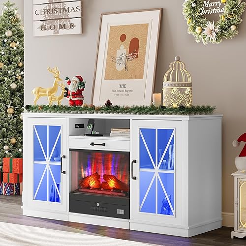 YITAHOME TV Stand with Slidable Fireplace for TVs up to 65", LED Entertainment Center with Electric Fireplace for Living Room, Farmhouse TV Cabinets with Storage (White)