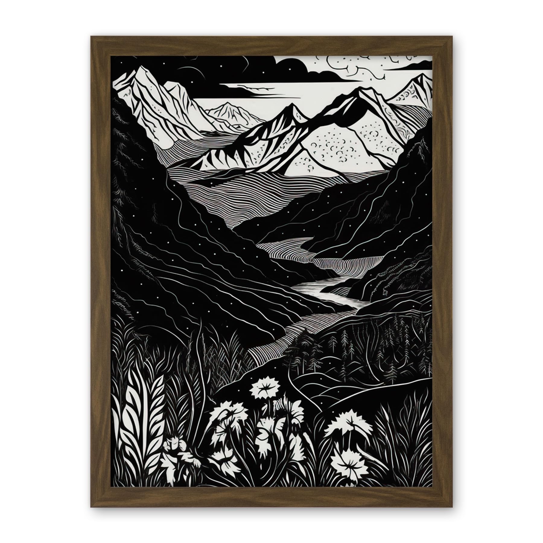 Artery8 Wildflowers in Spring Mountain Landscape Linocut Artwork Framed Wall Art Print 18X24 Inch