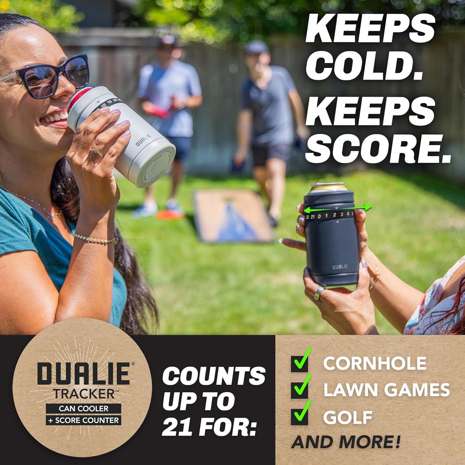 DUALIE Tracker Drink Cooler - Game Score Counter and 3 in 1 Insulated Can Cooler - 5 Colors - Universal Size for 12 oz Cans, Slim Cans, and Bottles