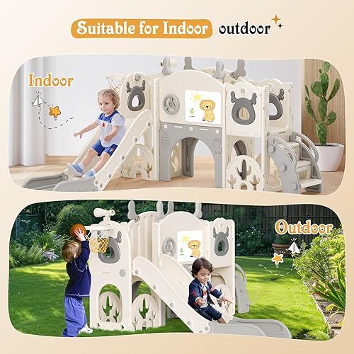 Miniatura 9 de Tobogán para niños, juego 11 en 1 para niños pequeños, nueva actualización con tobogán para niños, tabla de dibujo, juego de golf, aro de baloncesto