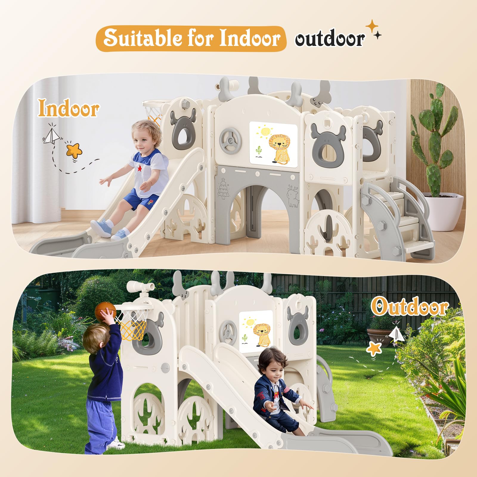 Kinderrutsche mit Basketballring, Elch-Themenrutsche für Kinder, Spielplatz für drinnen und draußen, unabhängiges Kletterspielset mit Rutsche für Babys (Beige Grau-7-in-1)