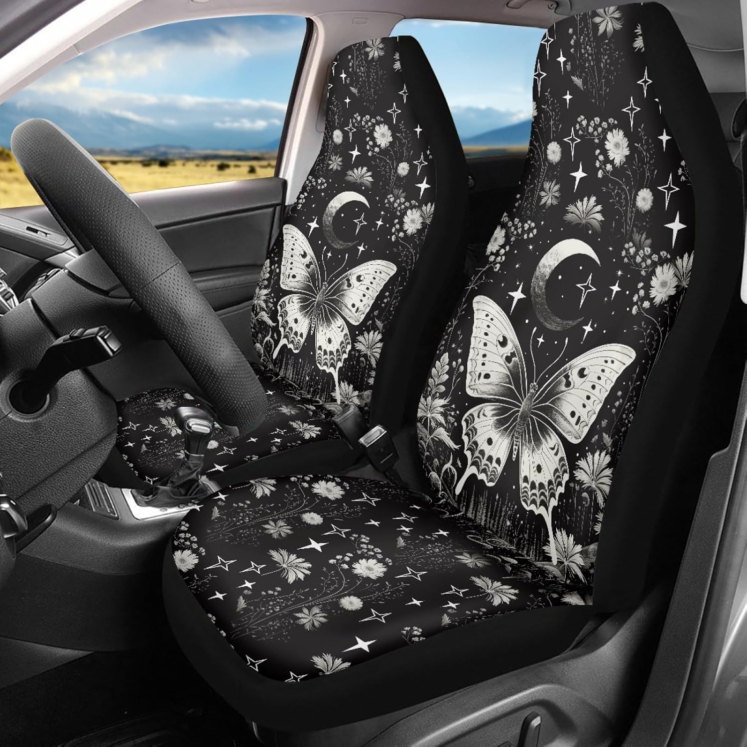 Black Butterfly Car Accessories Interior Decor Set of 2 Auto Seat Covers for Men Women Fits Most Cars, Truck or SUVs