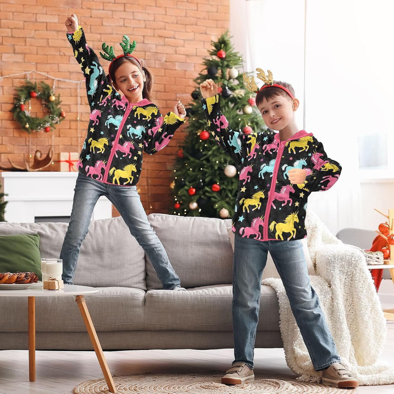 Girls Hoodie Outfit Colorful Unicorns Pattern Zipper Sweatshirt Coat Fleece Jacket for Kids 3-10T