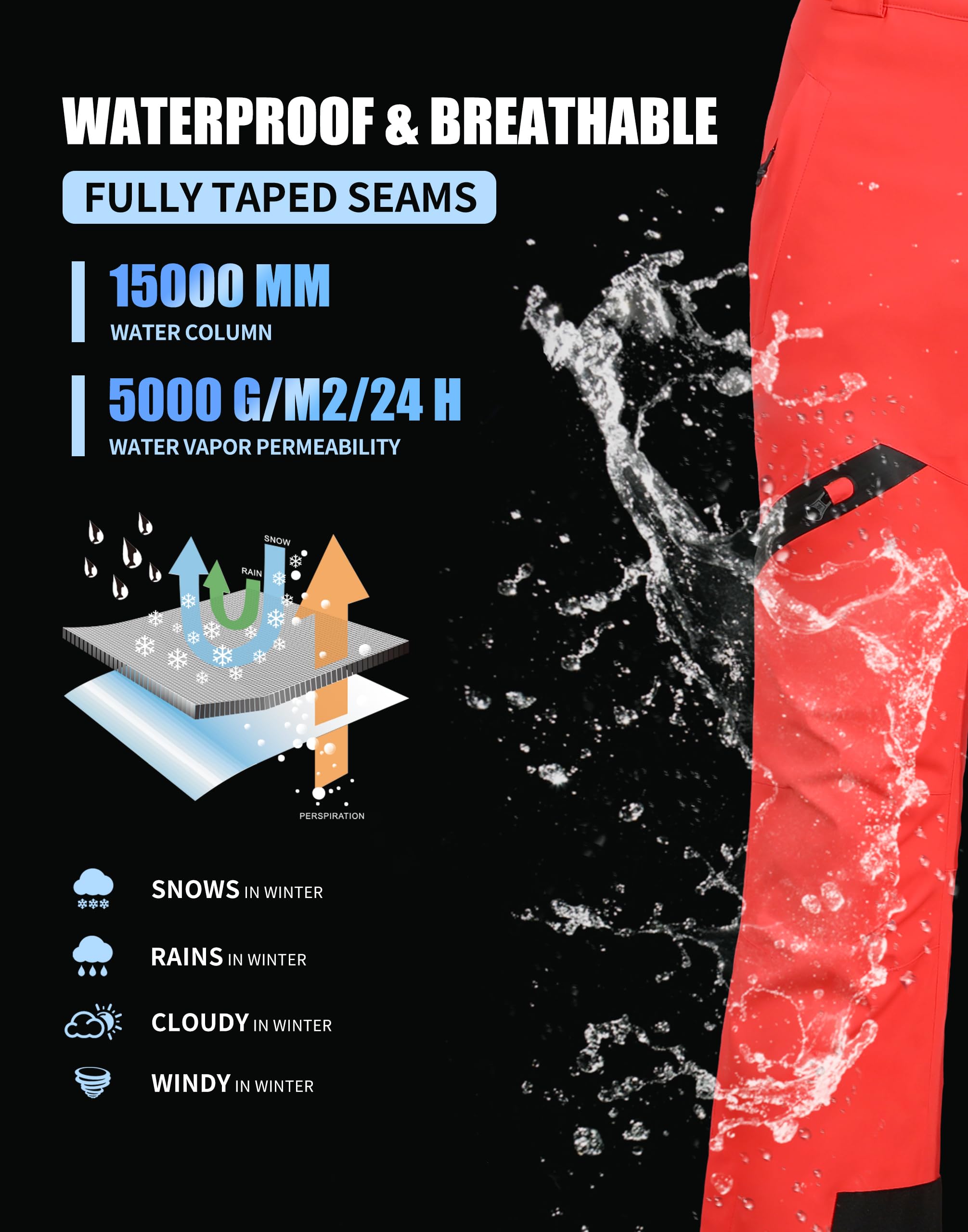 Pioneer Camp Pantaloni da Sci da Donna Cuciture Nastrate Impermeabili Ghette da Neve Integrate Ginocchio Articolato Bretelle Staccabili Regolabili Pantaloni Softshell Invernali da Esterno