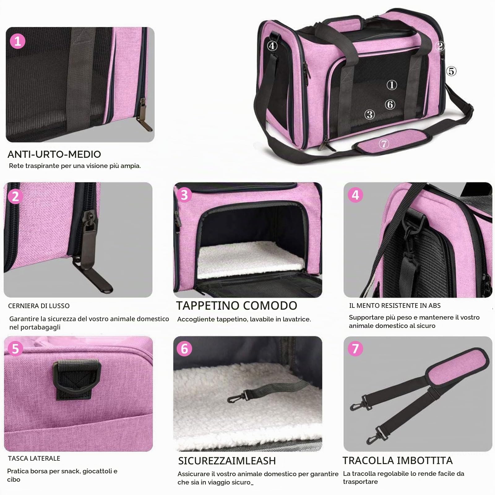 Trasportino per Cani e Gatti, Gabbietta Morbida per Animali Domestici, Tappetino Lavabile Rimovibile, con Tracolla, Borsa Ripiegabile Viaggio Sull' Aereo (L 50 x B 34 x H 34 cm, Rosa)