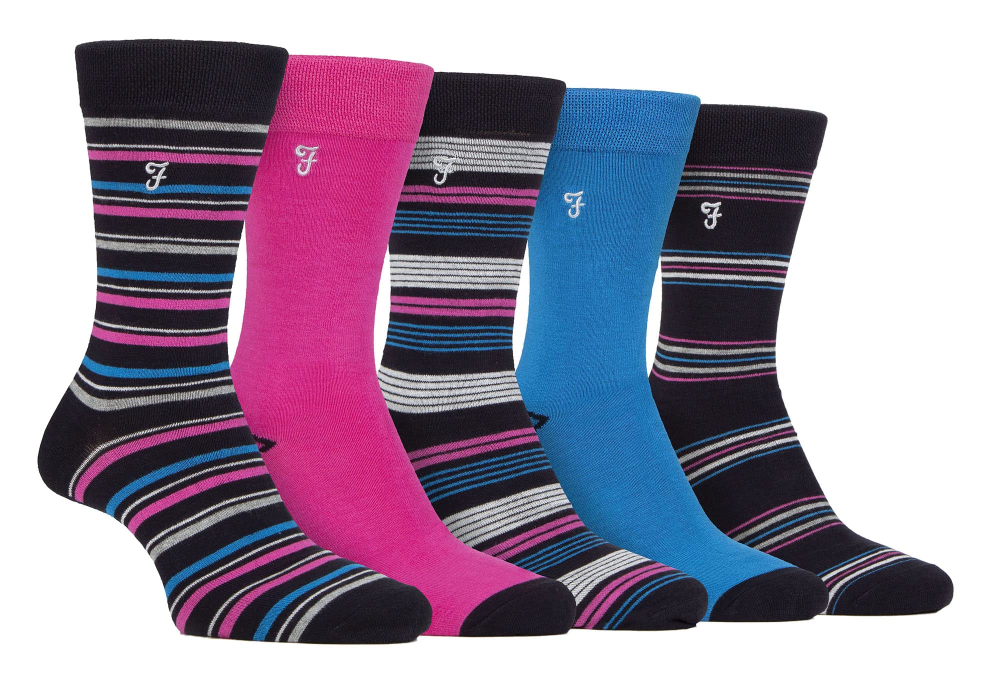 Farah Men's Charcoal / Pink - 5 Pack Natural Organic Bamboo Bright Striped Patterned Socks (6-11, Charcoal/Pink)