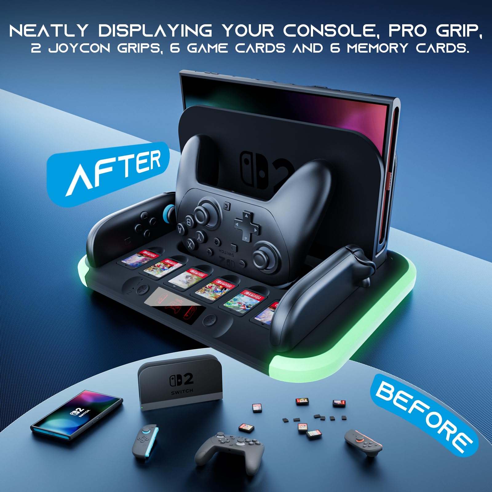 HEYSTOP Switch 2 Station con Dock di Ricarica Joycon per Ricaricare il Controller Nintendo Switch 2 Pro, Kit di Accessori per Riporre Switch 2 con Dock TV e 6 Alloggiamenti per Schede di Gioco