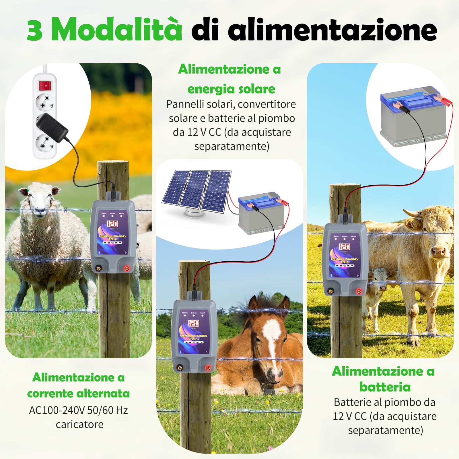 10KM Cerca Eléctrica para Animales, 12kV 2.0J Electrificador de Cerca Eléctrica de Alta Potencia para Protección de Ovejas, Caballos, Jardín, Pastos y Granja (Gris)