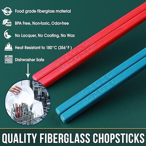 Vista 32 de GLAMFIELDS 10 pares de palillos de fibra de vidrio, sushi, reutilizables, aptos para lavavajillas, 9.5 pulgadas, flor negra