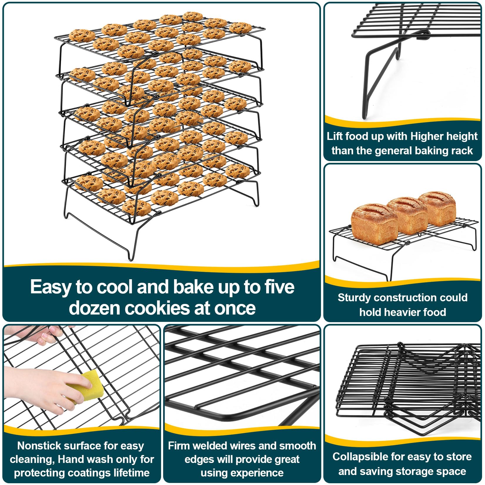 P&P CHEF - Juego de estantes de refrigeración antiadherentes de 5 niveles, apilables, para asar y cocinar, apto para horno y fácil de limpiar, núcleo de acero inoxidable y duradero, 15 x 10 pulgadas,