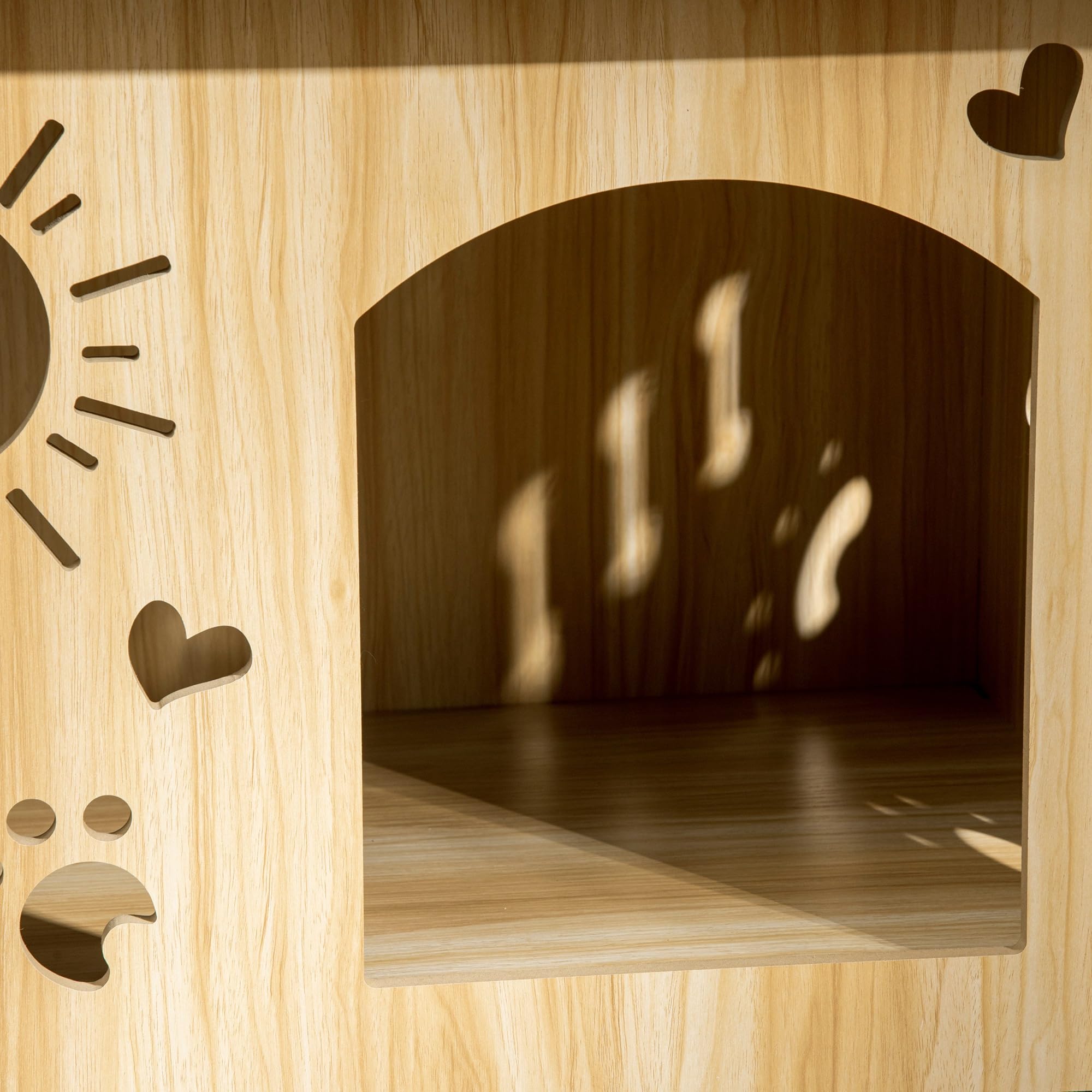 PawHut Caseta de Madera para Perros Pequeños Casa para Mascotas Interior con Puerta Delantera de Forma de Sol Corazón Pata 69x50x58,5 cm Roble