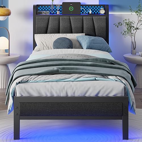 Furnulem Base de cama individual con luz LED y estación de carga, cabecera de almacenamiento tapizada gris con estante, cama de plataforma de metal