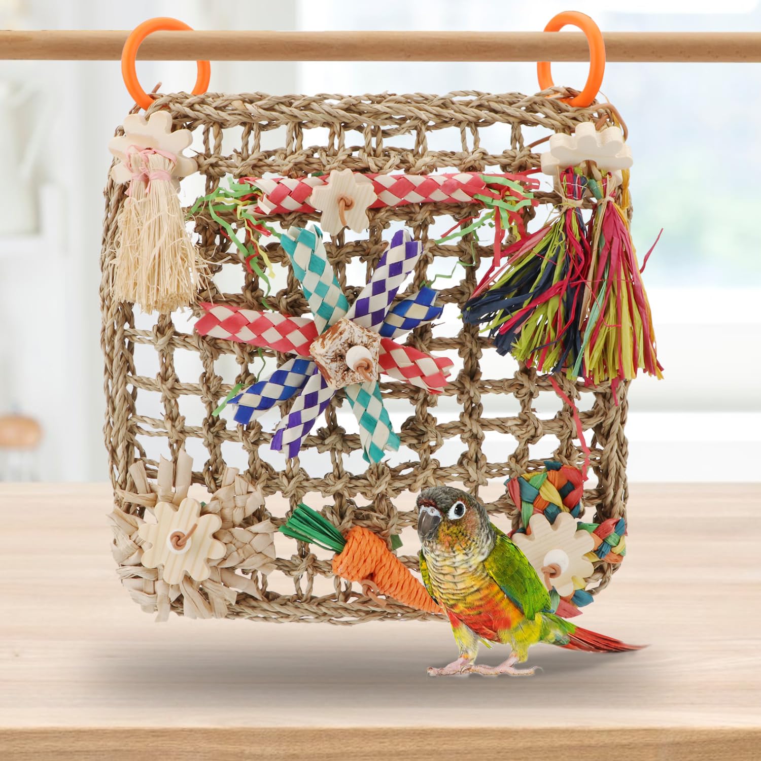 Hypeety Bird Toys Parrot Foraging Toys Bird Chew Toys Parakeet Shredding Seagrass Climbing Mat with Various Toys for Conure, Cockatiel, Lovebird, Parakeet, Budgie (L(Carrot)) - image 5
