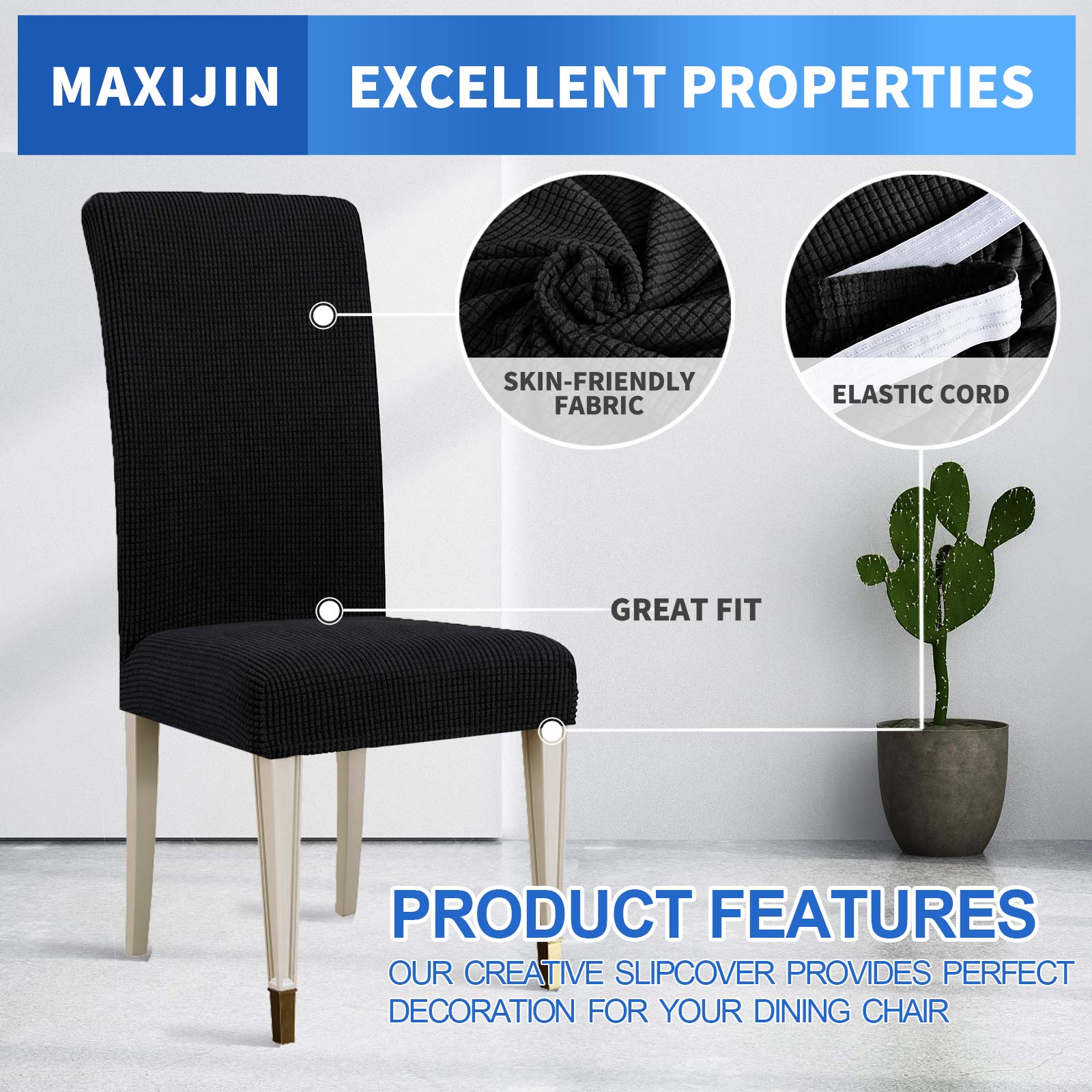 MAXIJIN Super Stretch Dining Room Chair Cover Jacquard Spandex Dining Parsons Chair Slipcover Removable Chair Protector Covers for Dining Room,Hotel,Kitchen,Ceremony (Black - Image 3