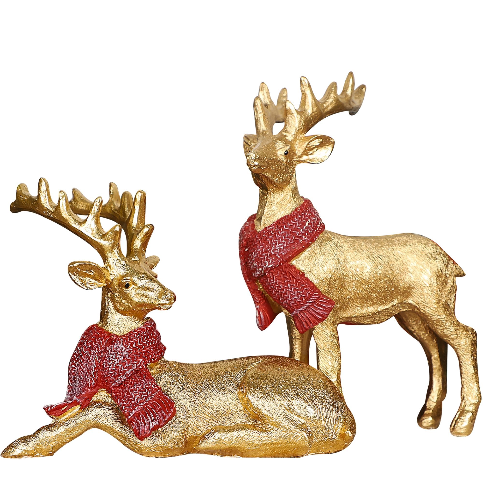 Lulu Home Christmas Tabletop Decorations, 2 Packs Resin Golden Reindeer Standing & Lying Figurines with Red Scarves, Xmas Holiday Winter Centerpieces Ornaments for Mantel Shelf Home Decor
