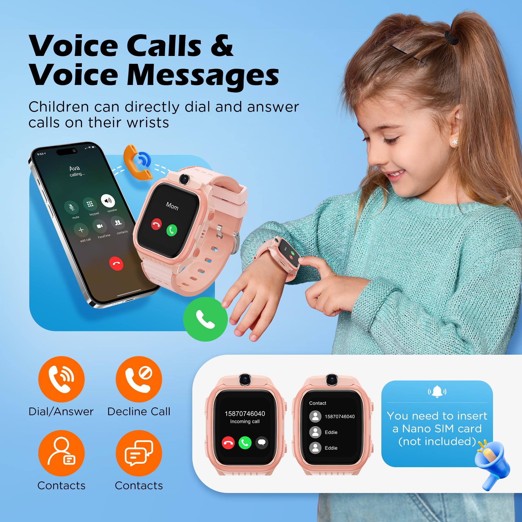 AstraMinds Orologio Smartwatch Bambini, 4G smartwatch bambini con GPS e telefono – IP67 impermeabile orologio per bambini per telefonare con WiFi, Videochiamata, SOS, Sveglia (K61Rosa)