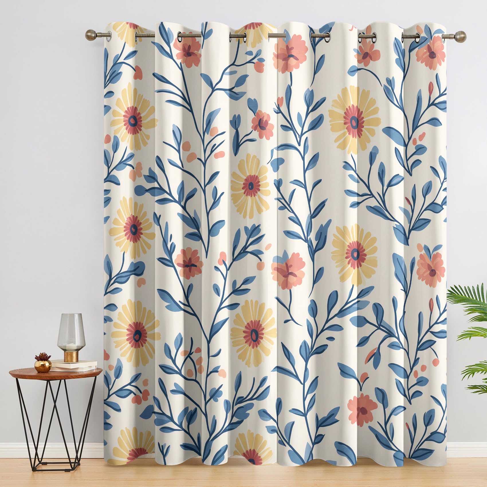 Vintage Floral Curtains Bedroom, 46x72 - Flower Botanical Blackout Curtains & Decor, Living Room, Eyelet Patterned Window Drapes, 72 Inch Drop 2 Panels （HEW214）