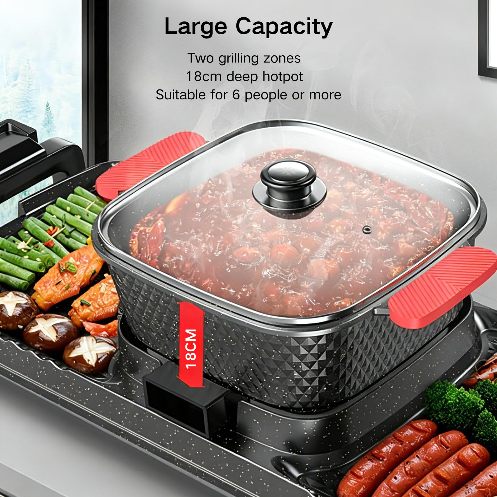 Electric Hot Pot und grill Elektrisch Hotpot Topf Elektrogrill 2 in 1, mit Klarer Deckel Indoor Korean BBQ Thai Barbecue Fondue Raclette für 6 Personen, 5 Gang Separate Temperaturregelung