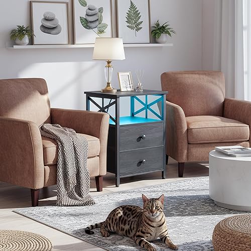 Miniatura 7 de AMHANCIBLE Juego de 2 mesitas de noche, mesita de noche LED con estación de carga, mesas auxiliares para sala de estar con cajones de tela, mesita