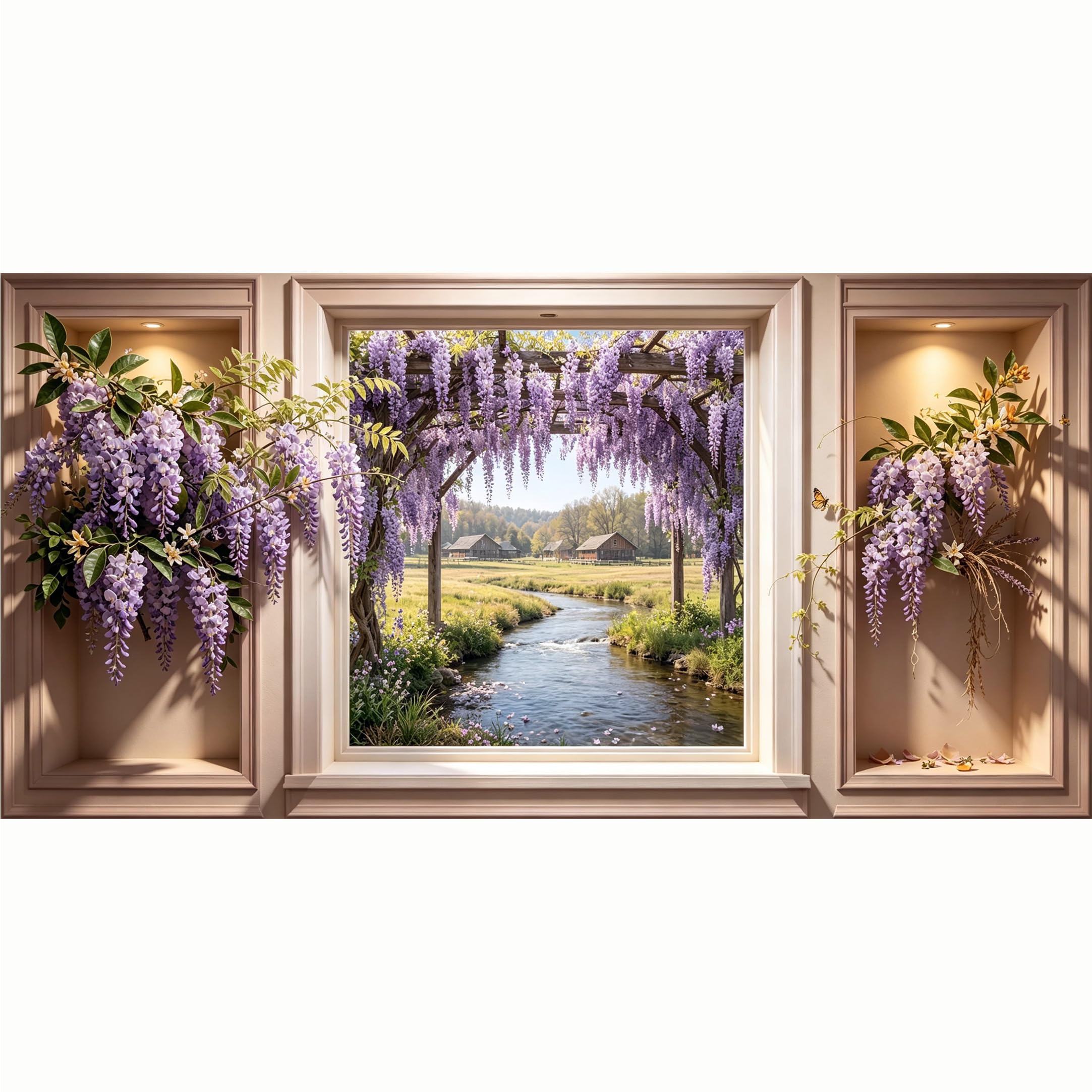 QZLITHOTIC 50x100cm 3D Framed Wall Art， Wisteria Flower Garden Creek Landscape Self‑Adhesive Mural， Water‑Activated Peel & Stick Fabric Decor Wall Decal for Bedroom Living Room