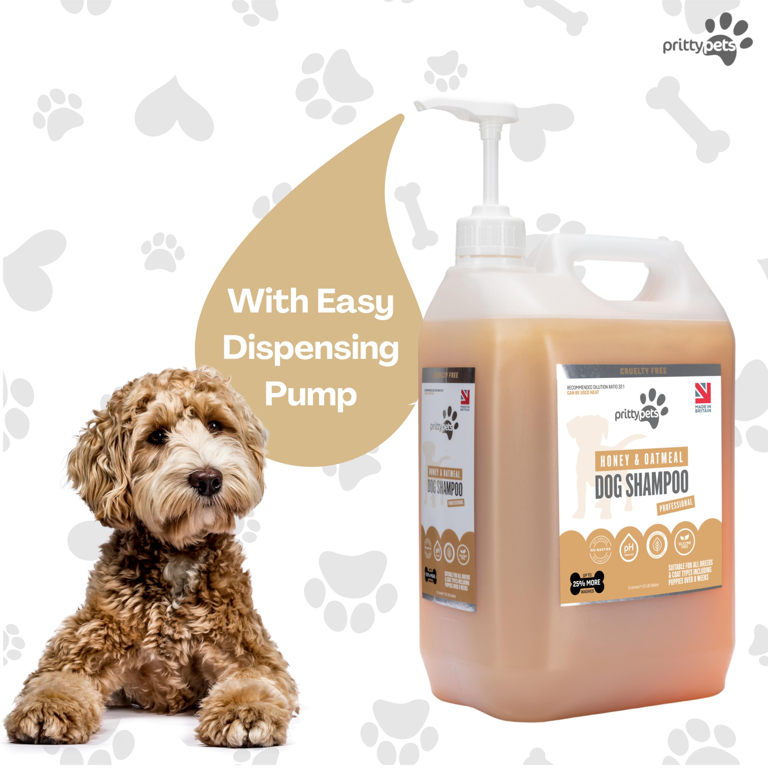 Oatmeal Hundeshampoo Pritty Pets 5 Liter HaferflockenShampoo für Hunde – professionelles pHausgewogenes, tierversuchsfrei, silikon und parabenfrei, welpenfreundliches HundepflegeShampoo –