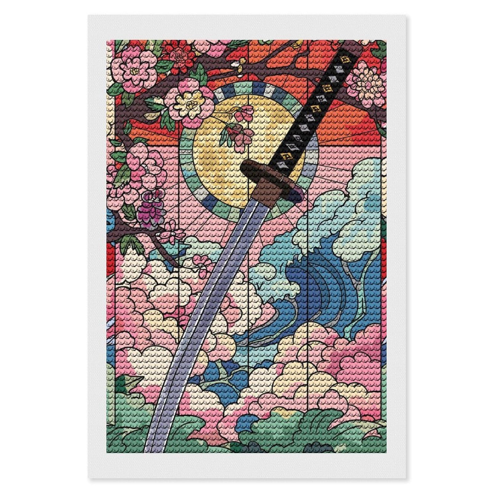 Junmoney Samurai Sword with Cherry Blossoms and Waves Diamond Painting Kit 8"x12", Adhesive Canvas, Home Wall Decor, for Beginners, Birthday Gift, Full Kit Included