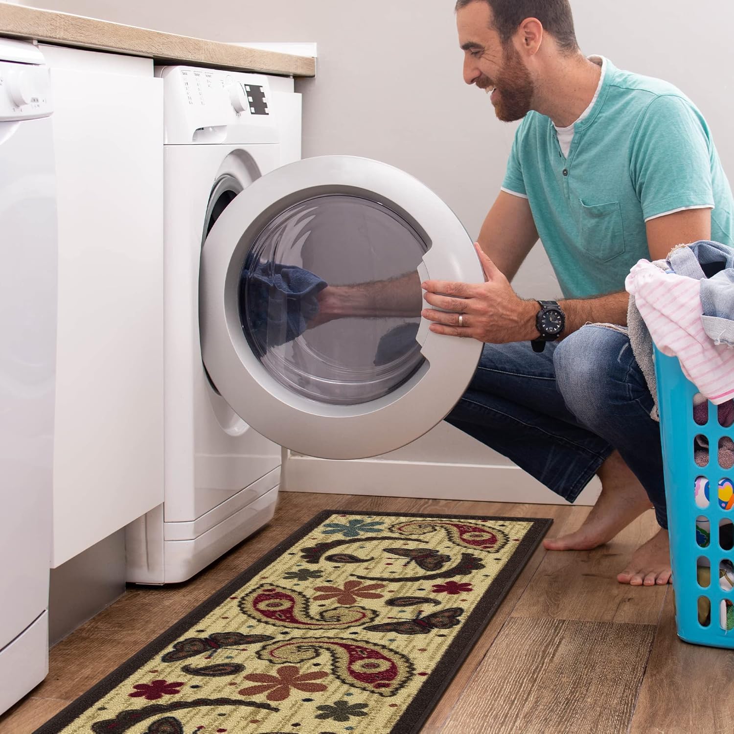 Ottomanson 20" x 59" Paisley Kitchen Rug - Farmhouse Style Non-Slip Mat for Dining, Entryway & Laundry - Durable, Stain-Resistant & Perfect for High-Traffic Areas, Beige